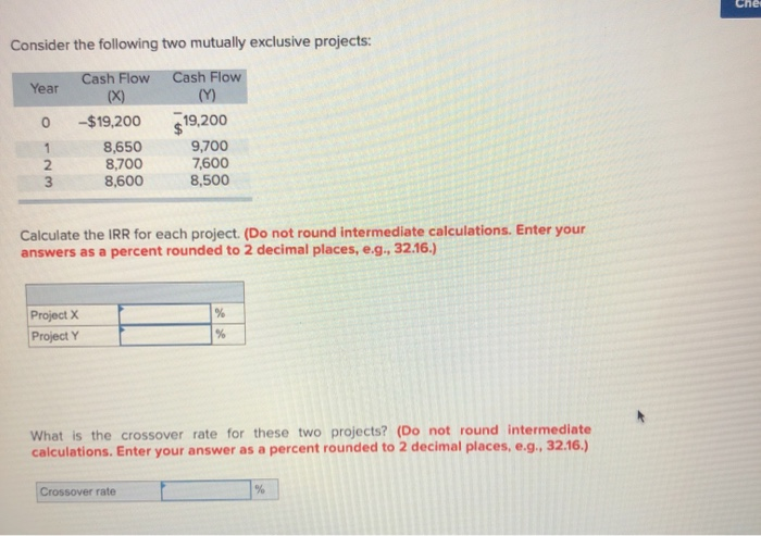  Cher Consider the following two mutually exclusive projects: Year 0 Cash