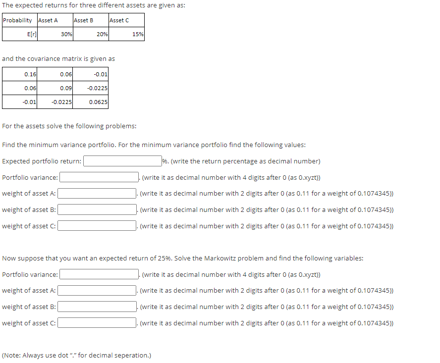  The expected returns for three different assets are given as: Probability
