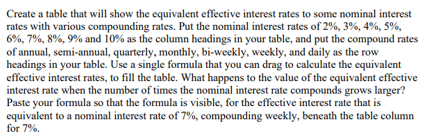  Create a table that will show the equivalent effective interest rates