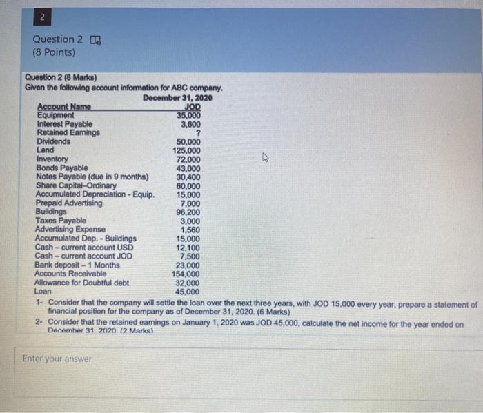  2 Question 2 (8 Points) Question 2 (8 Marks) Given the