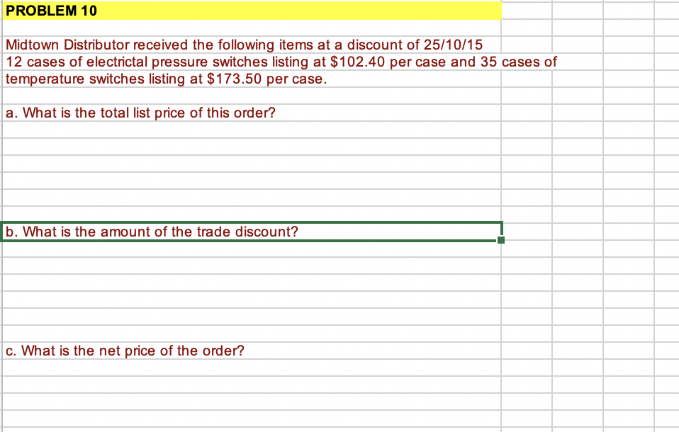  PROBLEM 10 Midtown Distributor received the following items at a discount