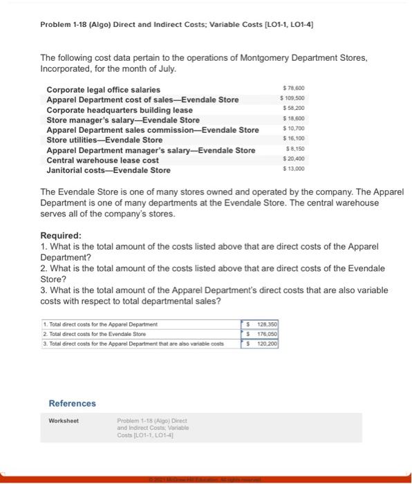  Problem 1-18 (Algo) Direct and Indirect Costs: Variable Costs (L01-1, L01-4)