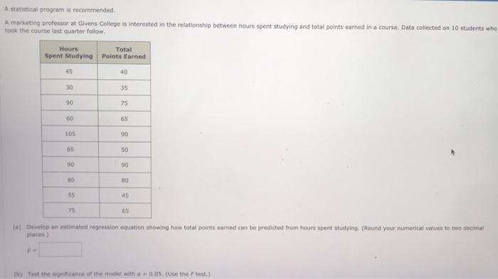  A statistical program is recommended A marketing professor at Givens College