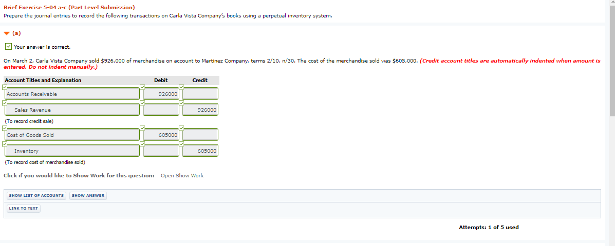 Brief Exercise 5-04 a-c (Part Level Submission) Prepare the journal entries