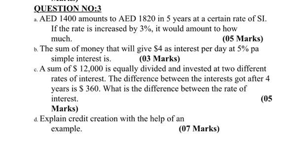  QUESTION NO:3 a. AED 1400 amounts to AED 1820 in 5