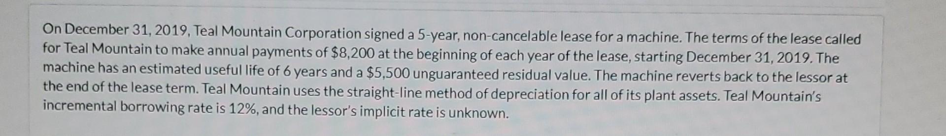 how do I do this? On December 31, 2019, Teal Mountain Corporation