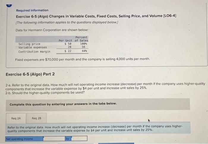  Required information Exercise 6-5 (Algo) Changes in Variable Costs, Fixed Costs,