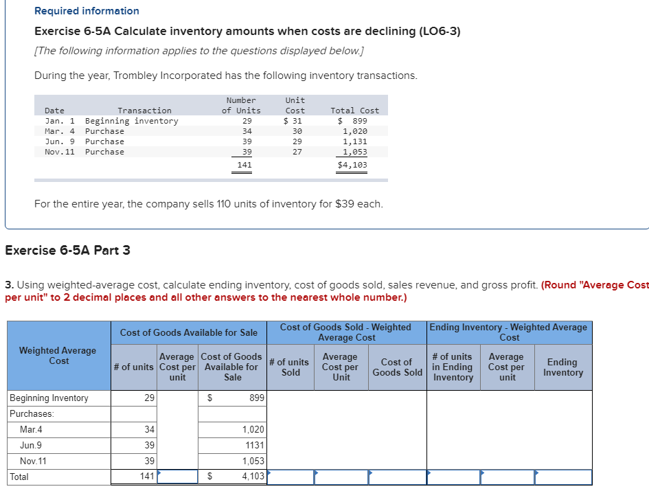 Weighted-Average Cost Required information Exercise 6-5A Calculate inventory amounts when costs are