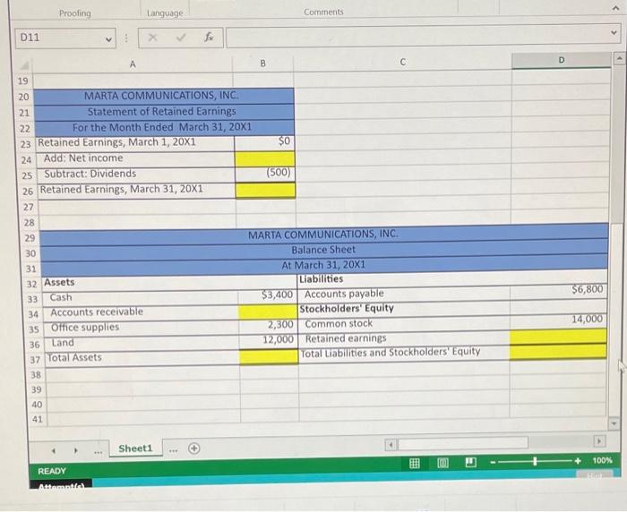 + D 1 Presented below are incomplete financial statements for Marta Communications,