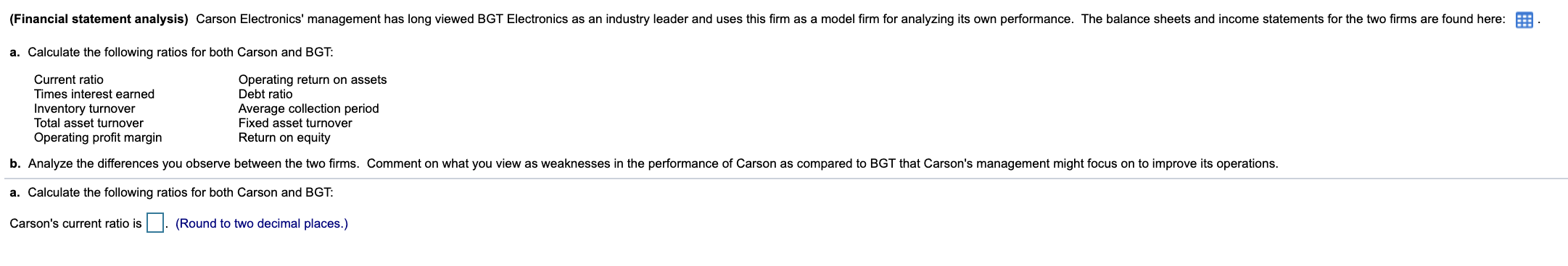  (Financial statement analysis) Carson Electronics' management has long viewed BGT Electronics