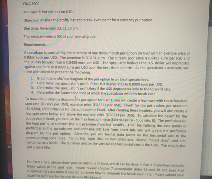  FINA 3600 Minicase 2: Put options on USD Objective: Analyze the