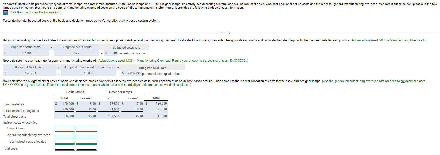 Direct manufacturing labor rate per hour Setup costs Lamps produced per batch