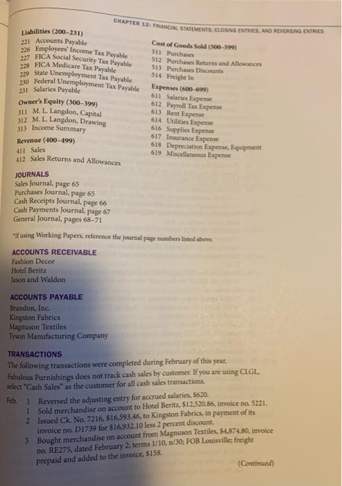 Fabulous Furnishings during February of this year. Beginning balances for the accounts