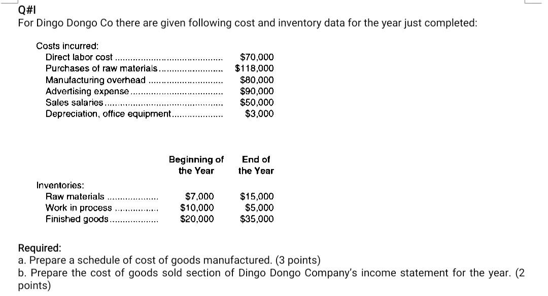 in excel Q#1 For Dingo Dongo Co there are given following cost