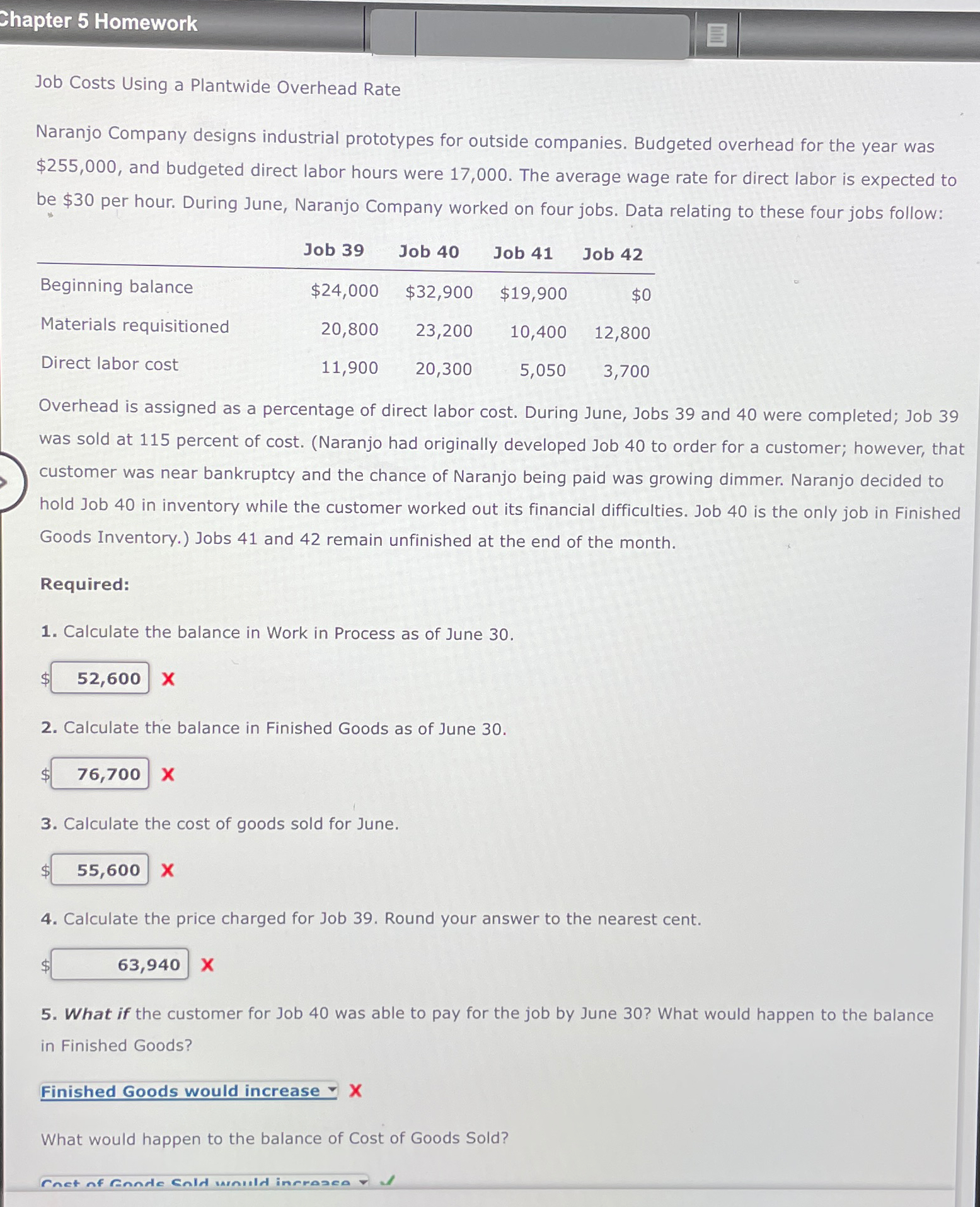  Chapter 5 Homework Job Costs Using a Plantwide Overhead Rate Naranjo