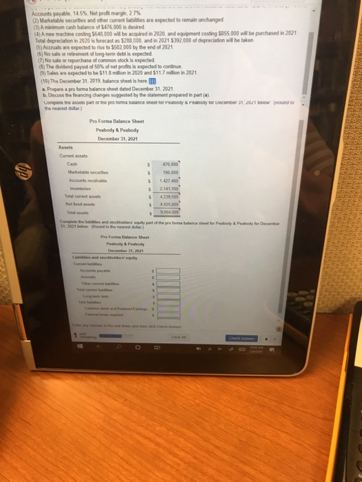 P4-19 (Similar to) Question Help Proforma balance sheet Peabody & Peabody has