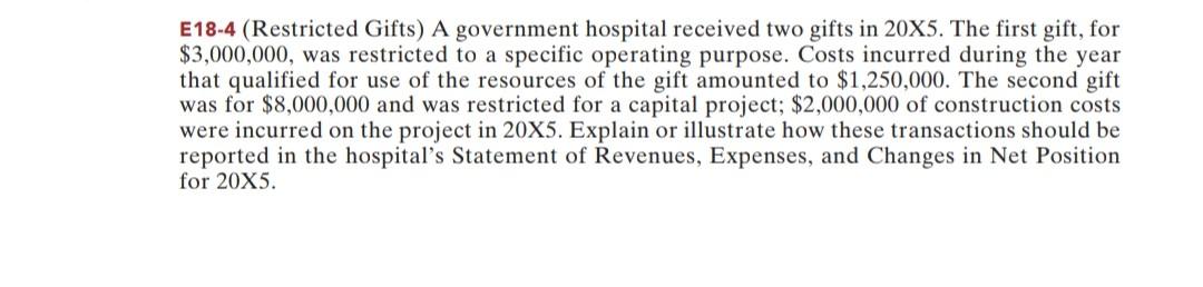 E184 (Restricted Gifts) A government hospital received two gifts in 20X5. The