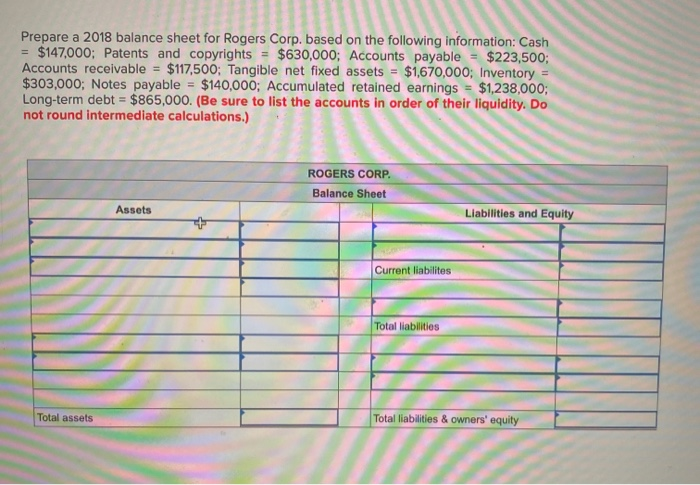  Prepare a 2018 balance sheet for Rogers Corp. based on the