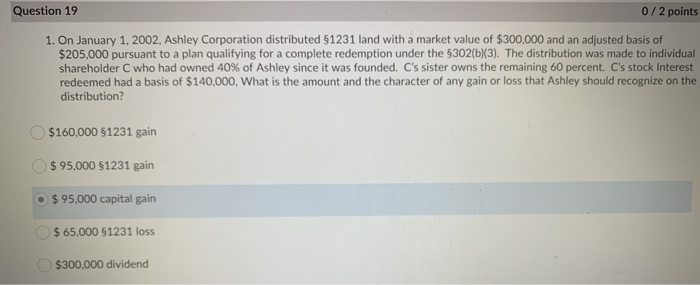  $95,000 capital gain is NOT the correct answer. Question 19 0/2