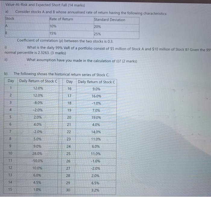  B Value-At-Risk and Expected Short Fall (14 marks) a) Consider stocks