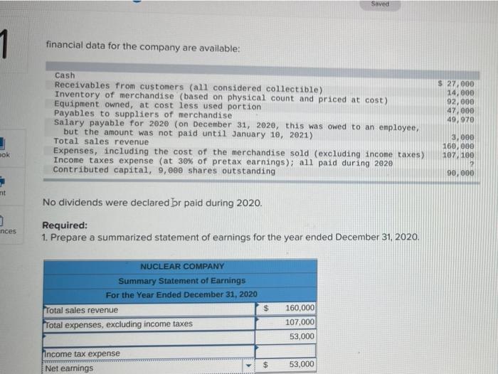 please help with these Saved 1 financial data for the company are