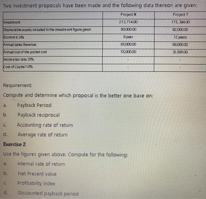 e 93% Two investment proposals have been made and the following data