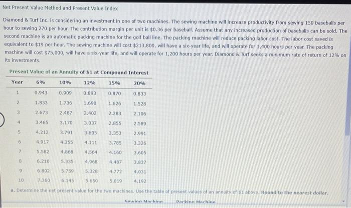  Net Present Value Method and Present Value Index Diamond & Turf