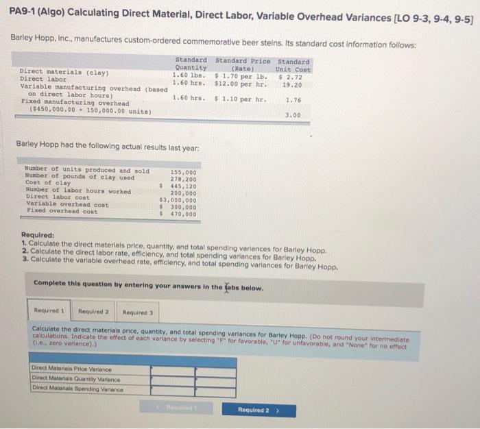  PA9-1 (Algo) Calculating Direct Material, Direct Labor, Variable Overhead Variances (LO