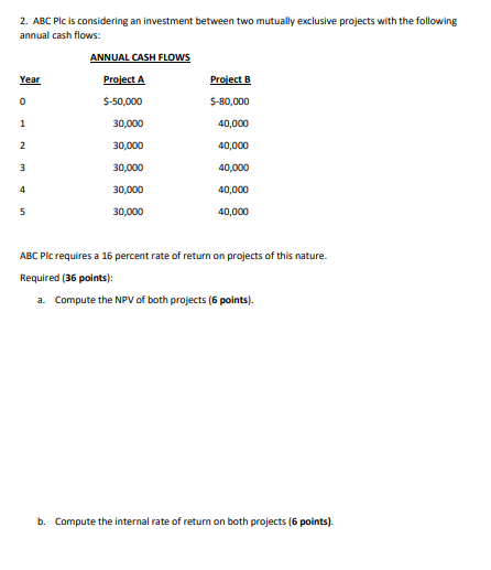 2. ABC Plc is considering an investment between two mutually exclusive