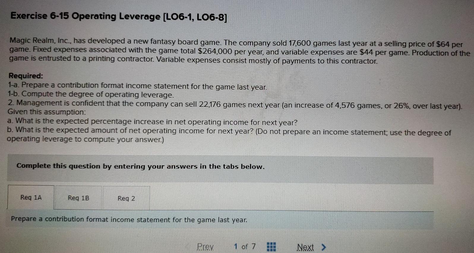 Exercise 6-15 Operating Leverage (LO6-1, LO6-8] Magic Realm, Inc., has developed