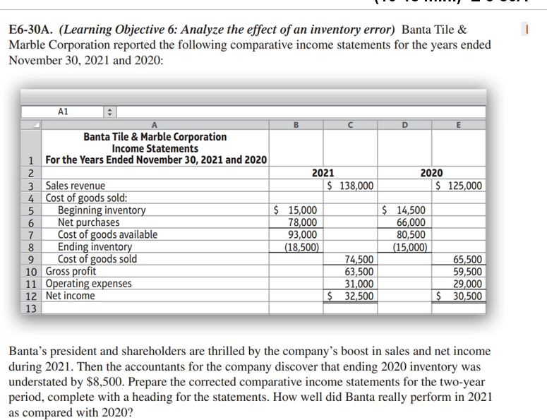 6-30 Please show all work. E6-30A. (Learning Objective 6: Analyze the effect
