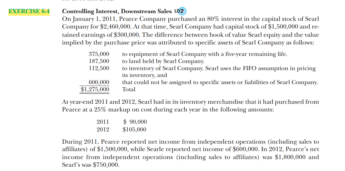Controlling Interest, Upstream Sales Refer to Exercise 6-4. Using the same figures,