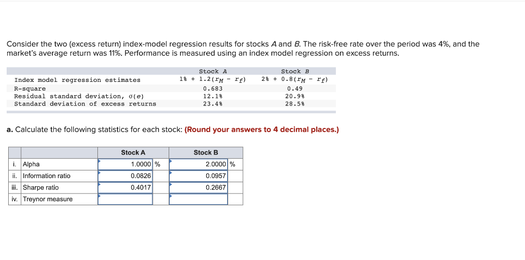 Need help with part IV thanks! Consider the two (excess return) index-model