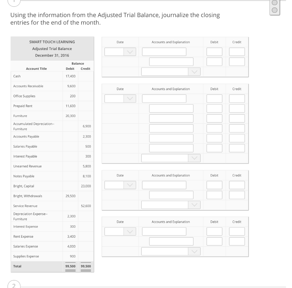 Using the information from the Adjusted Trial Balance, journalize the closing entries
