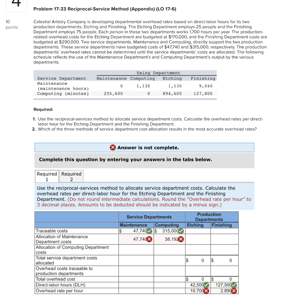 plzz help 4 Problem 17-33 Reciprocal-Service Method (Appendix) (LO 17-6) points Celestial