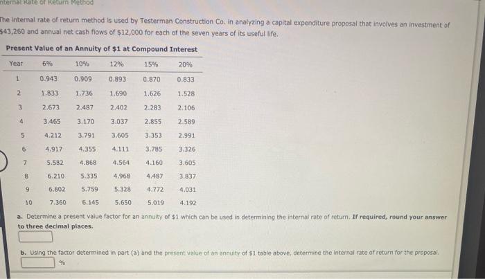  ntemar Hate or retum Method The Internal rate of return method