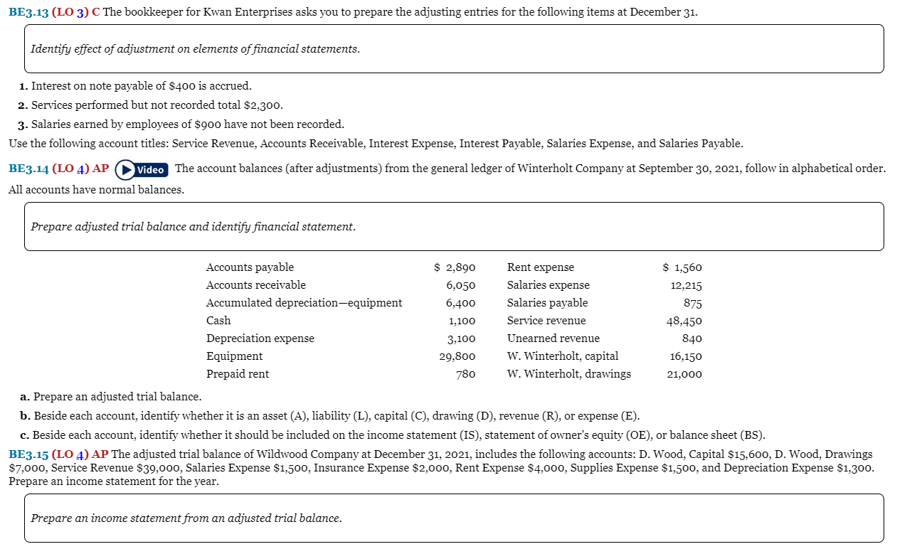 BE3-13 (LO 3) C The bookkeeper for Kwan Enterprises asks you