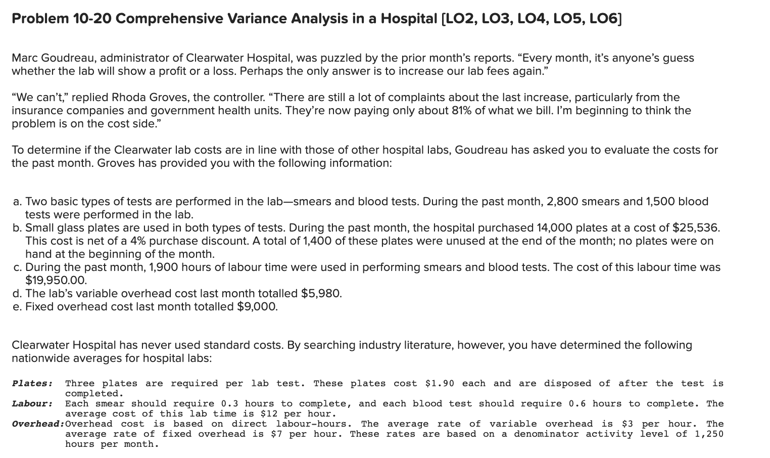  Problem 10-20 Comprehensive Variance Analysis in a Hospital (LO2, LO3, L04,