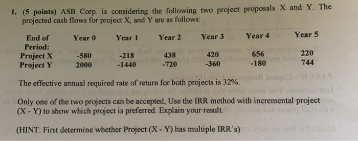 1. (5 points) ASB Corp. is considering the following two project