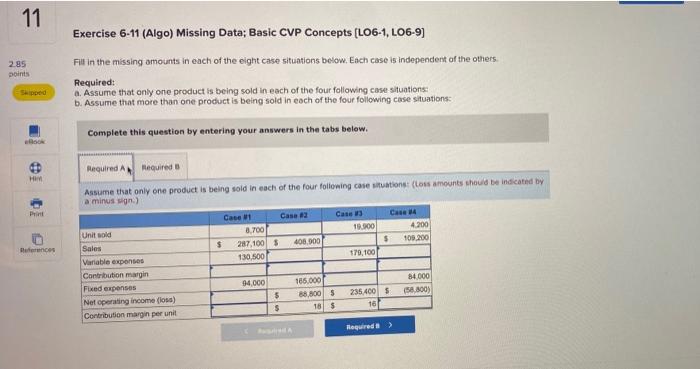 11 2.85 points Exercise 6-11 (Algo) Missing Data; Basic CVP Concepts