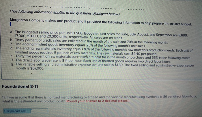 prepare the master budget. a. The budgeted selling price per unit is