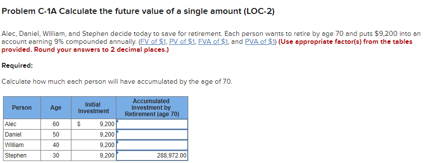  Problem C-1A Calculate the future value of a single amount (LOC-2)