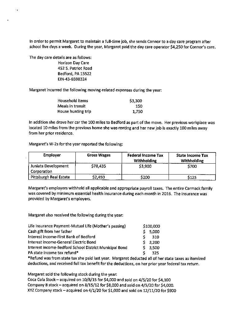 complete the 2020 federal income tax return for Margaret Carmack. Ignore the