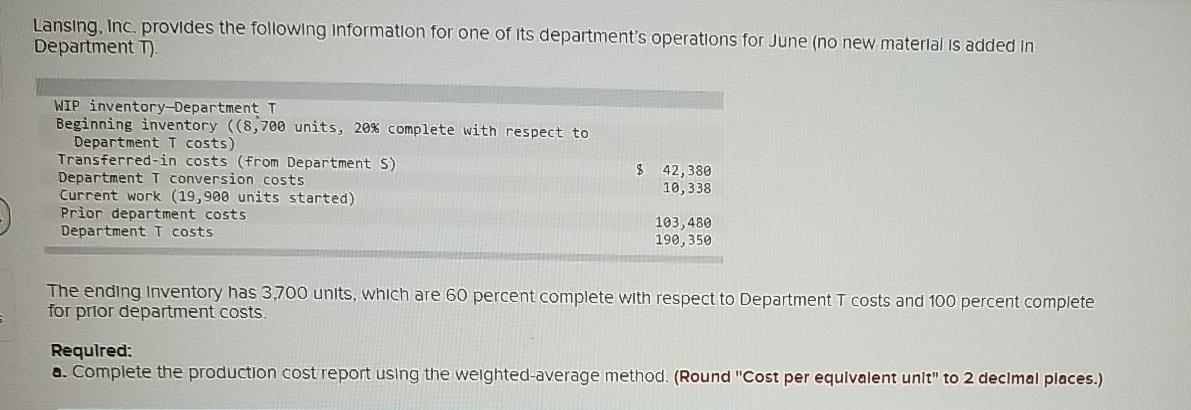stuck on this problem. please help! Lansing, Inc. provides the following