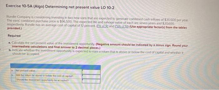  Exercise 10-5A (Algo) Determining net present value LO 10-2 Rundle Company