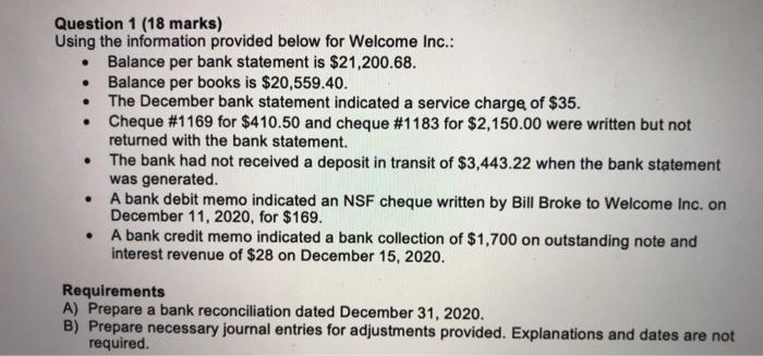  . . Question 1 (18 marks) Using the information provided below