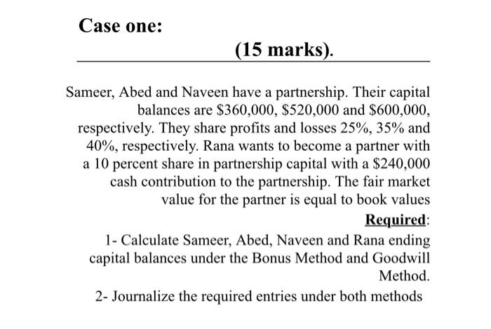  Case one: (15 marks). Sameer, Abed and Naveen have a partnership.