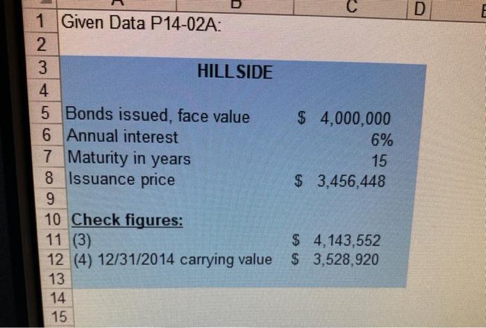  D 1 Given Data P14-02A: 2 3 HILLSIDE 4 5 Bonds