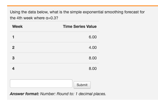 Using the data below, what is the simple exponential smoothing forecast