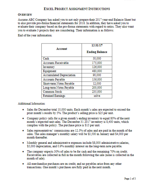 EXCEL PROJECT ASSIGNMENT INSTRUCTIONS OVERVIEW Assume ABC Company has asked you